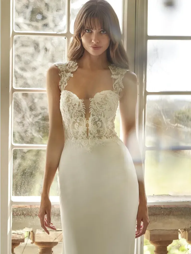 Robe de mariée sirène à manches dentelles décolleté coeur en crêpe abingdon nicole milano marseille