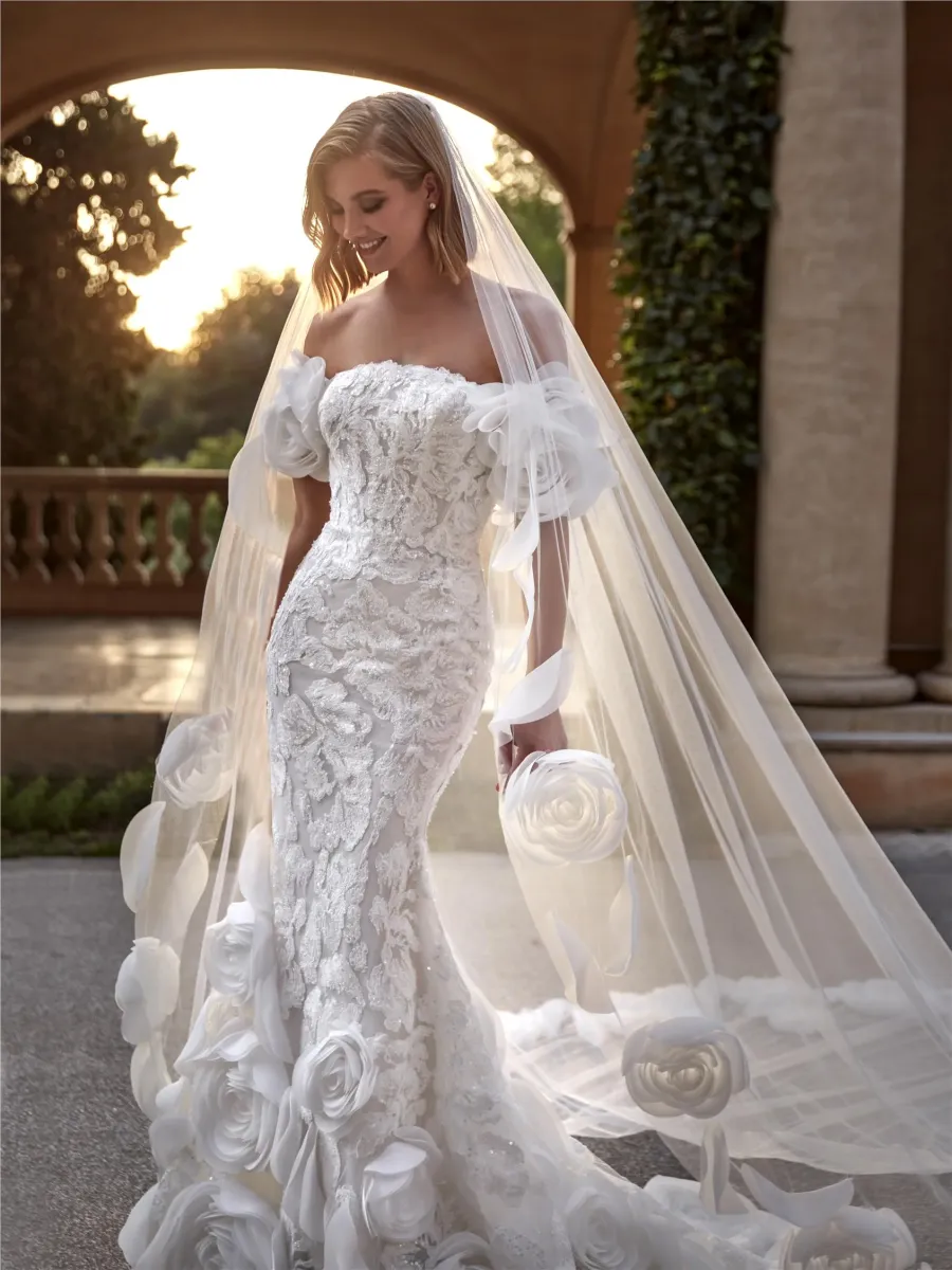 robe de mariée sirène décolleté bustier en dentelle organza allen pronovias marseille