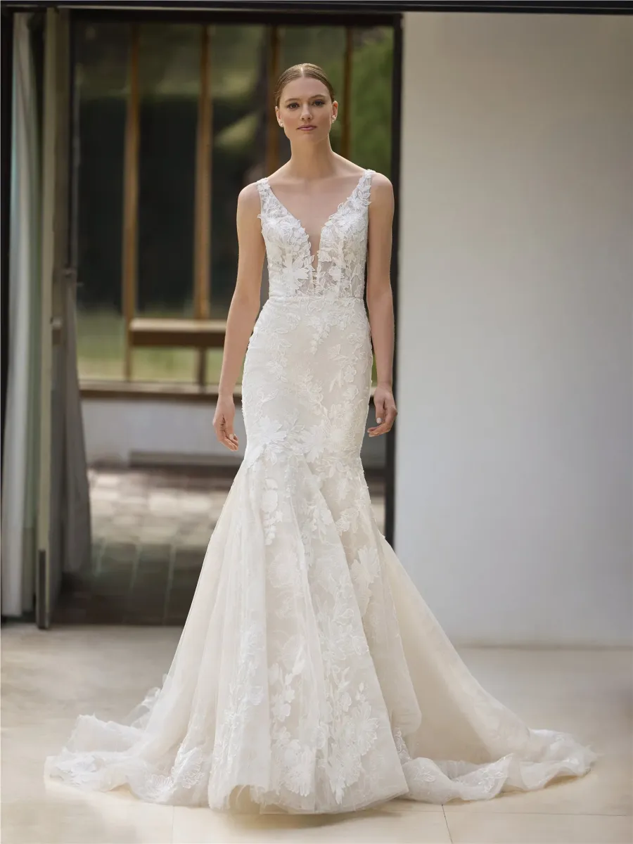 robe de mariée fourreau longue traîne dentelle dos plongeant blaia pronovias marseille