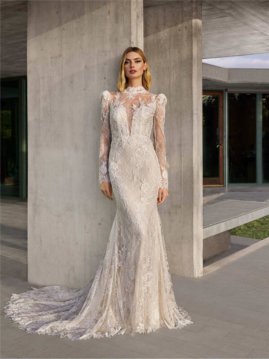 robe de mariée sirène col roulé dentelle manches longues noley pronovias marseille